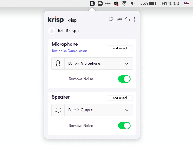 Окно Krisp с выбором микрофона и переключателями Remove Noise для микрофона и динамиков
