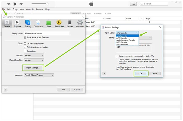 Окно Import Settings в iTunes с выбором AAC Encoder
