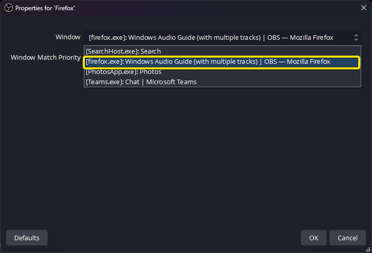 Свойства Application Audio Capture в OBS Studio с выбором окна Firefox