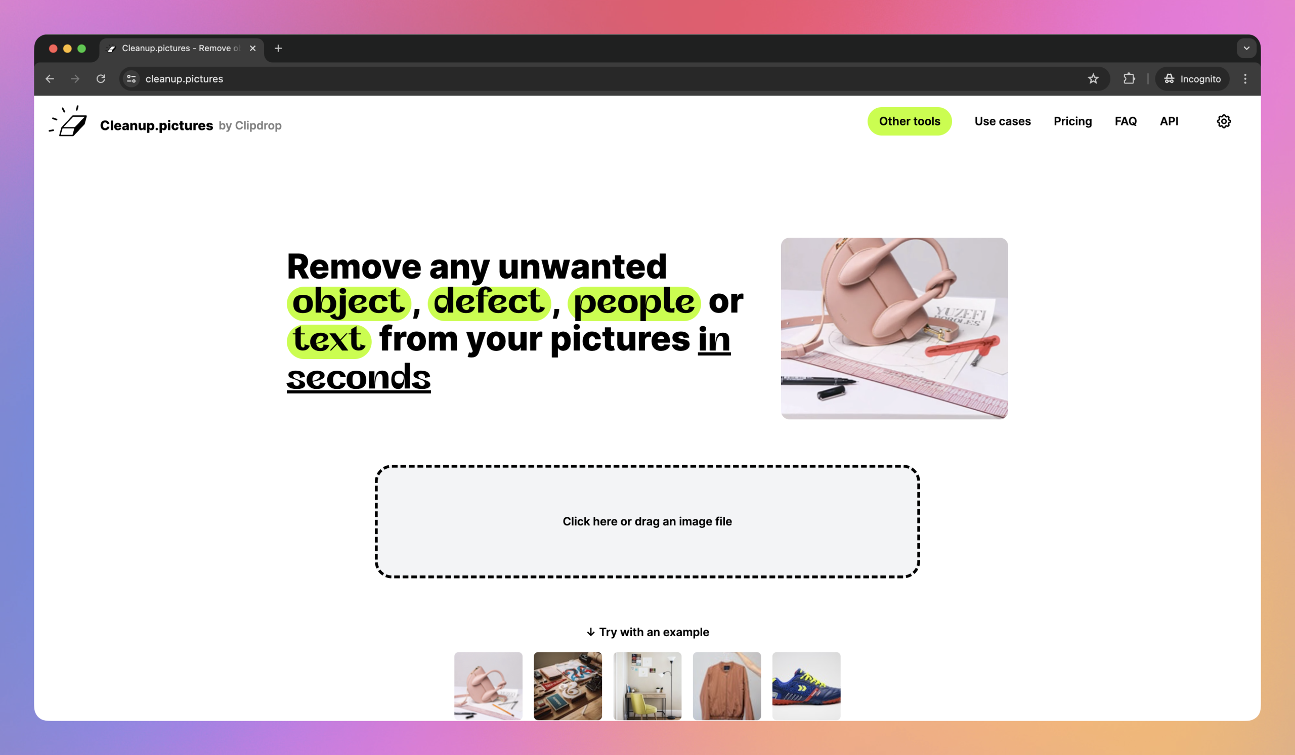 Веб-интерфейс Cleanup.pictures для загрузки фотографии и удаления объектов