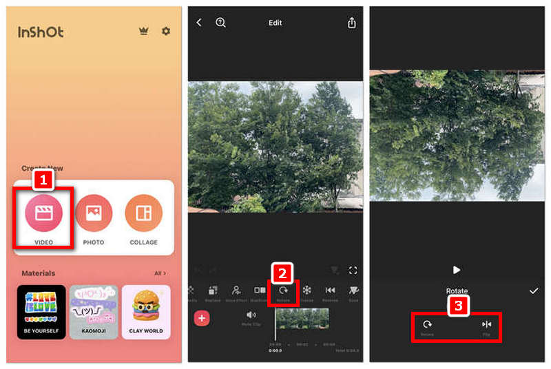 Интерфейс InShot с инструментом Rotate для поворота и отражения видео