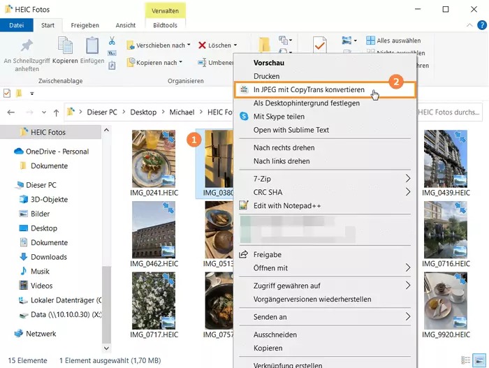 Контекстное меню Windows с командой CopyTrans для преобразования HEIC в JPEG