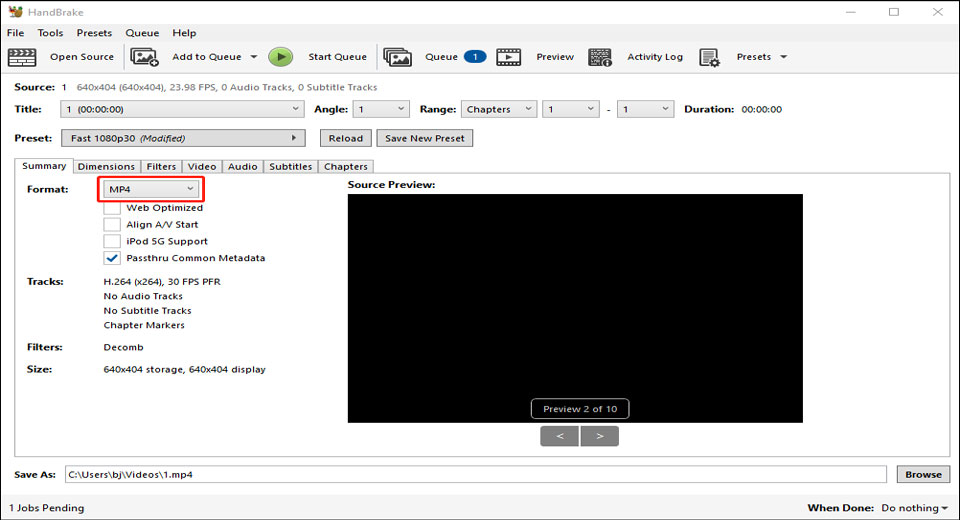 Интерфейс HandBrake с выбранным контейнером MP4