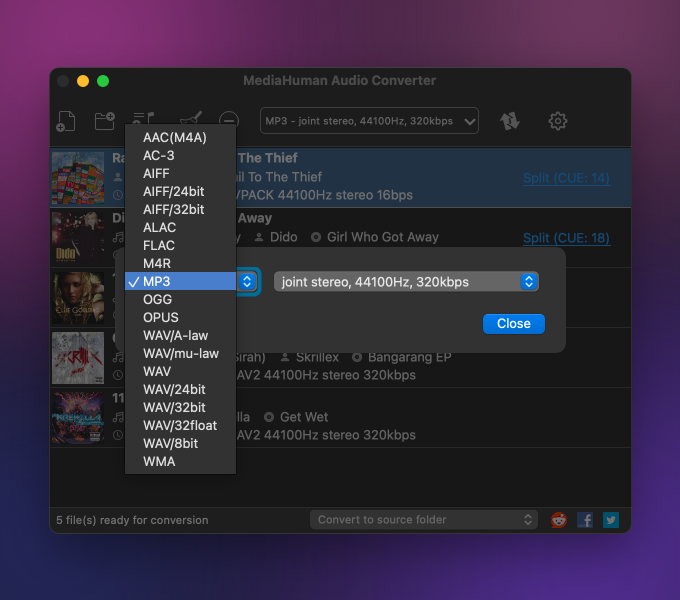 Окно MediaHuman Audio Converter с выбором MP3 и параметров 44,1 кГц 320 кбит/с
