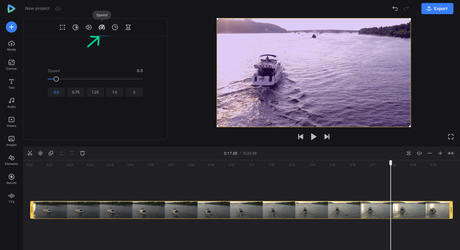 Интерфейс Clideo Video Editor с панелью Speed и тайм-линией