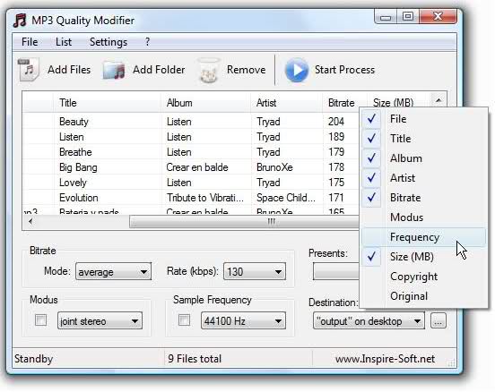 Интерфейс MP3 Quality Modifier со списком треков и настройками bitrate, mode и sample frequency