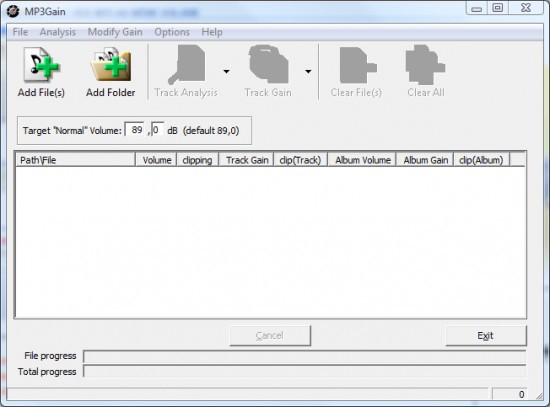 Интерфейс MP3Gain с анализом Track Gain и Album Gain
