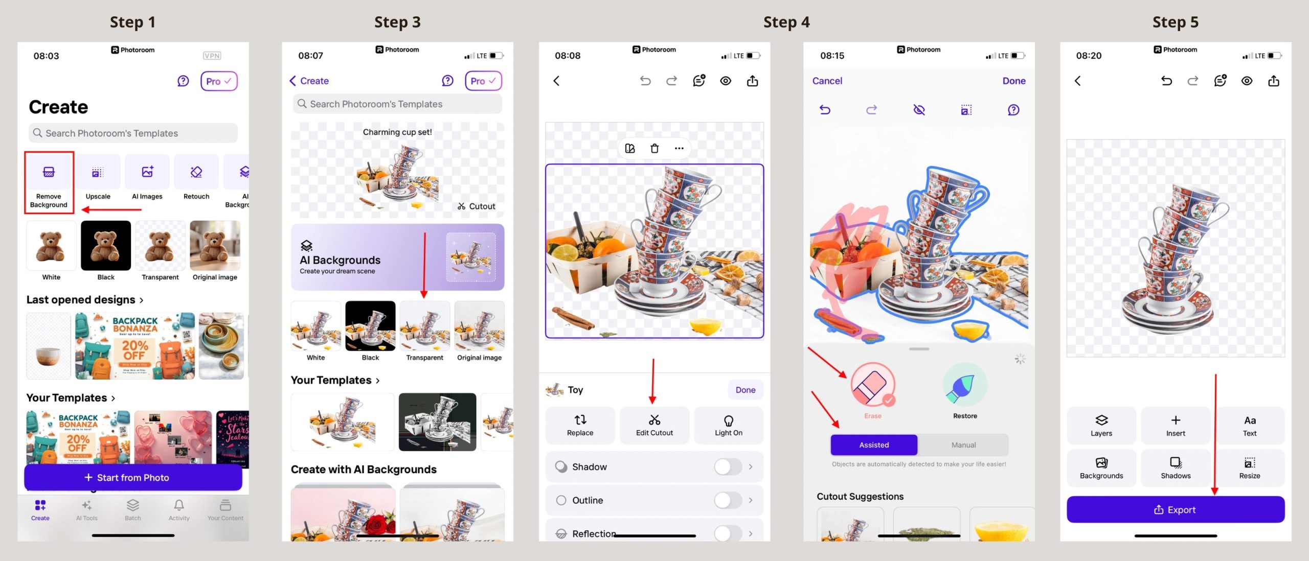 Редактор Photoroom с Edit Cutout, Erase и Restore при удалении фона