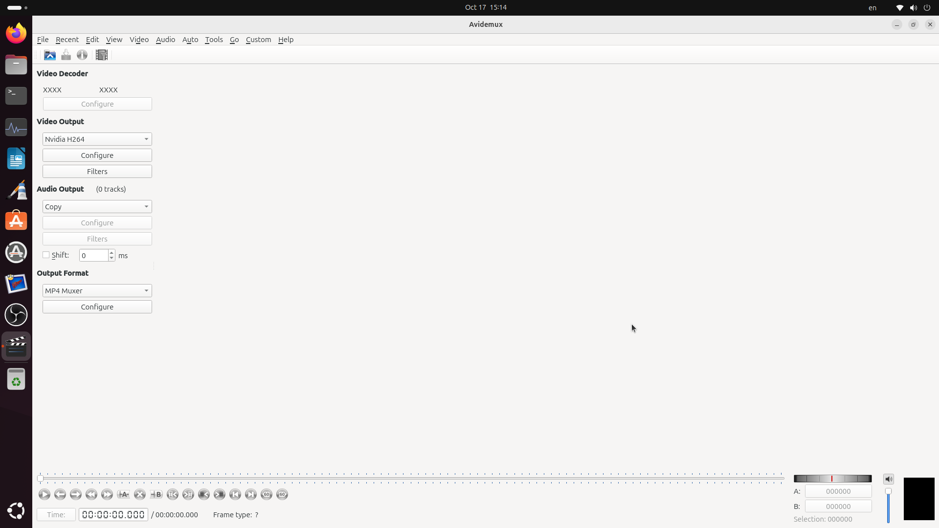 Главное окно Avidemux с настройками Video Output, Audio Output и Output Format