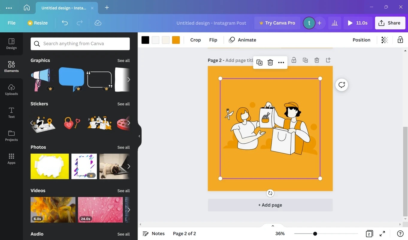 Интерфейс редактора Canva с выбранным графическим элементом на холсте