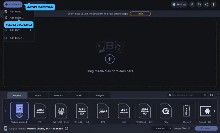 Окно Movavi Video Converter с меню Add Media и пунктом Add audio