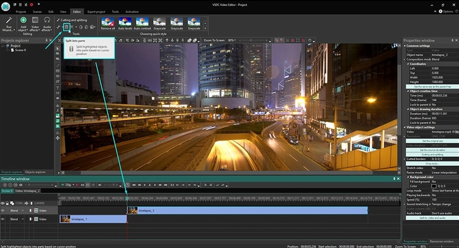 Команда Split into parts в VSDC Free Video Editor