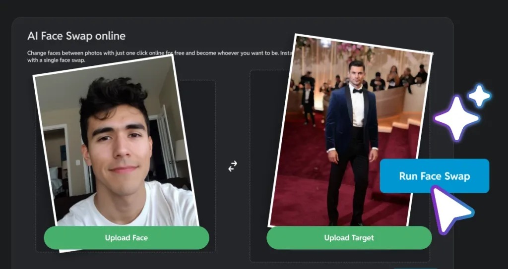 Pixlr AI Face Swap: области Upload Face, Upload Target и кнопка Run Face Swap