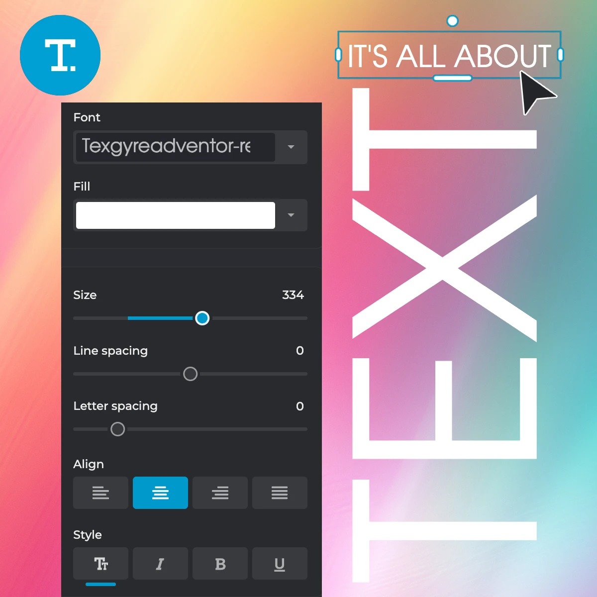 Веб-интерфейс Pixlr с текстовым объектом и настройками шрифта