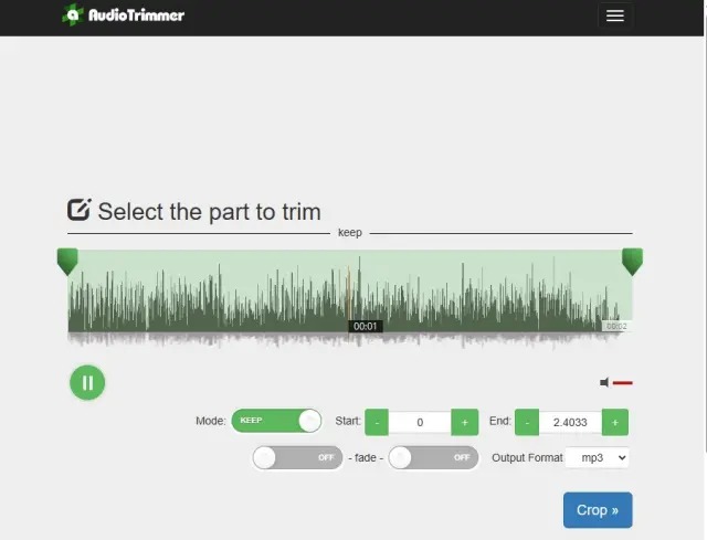 Audio Trimmer с волной и зелёными маркерами обрезки