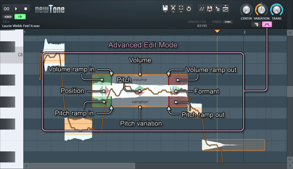 NewTone в FL Studio с нотными блоками и параметрами Pitch, Formant и Variation