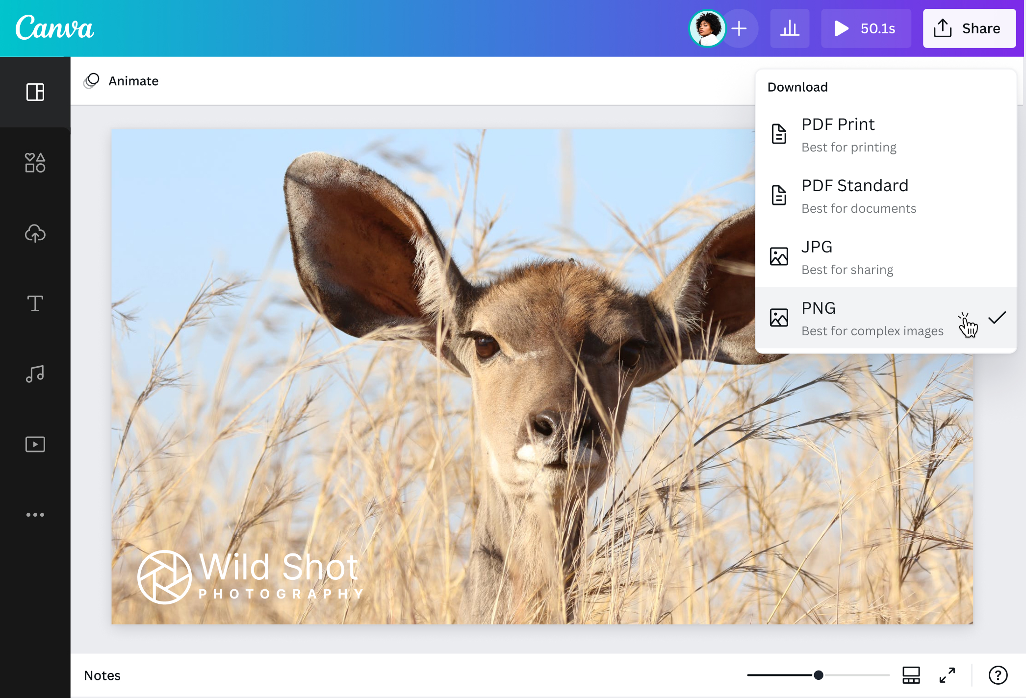 Редактор Canva с фотографией и добавленным водяным знаком