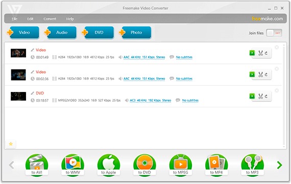 Главное окно Freemake Video Converter с кнопкой DVD и профилем to AVI