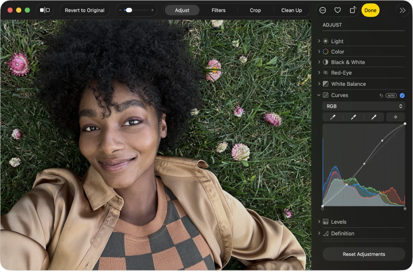 Официальный интерфейс редактирования фотографии в приложении Фото на macOS