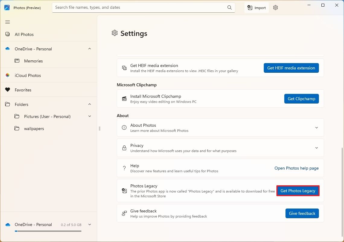 Настройки Microsoft Photos в Windows 11 с кнопкой Get HEIF media extension