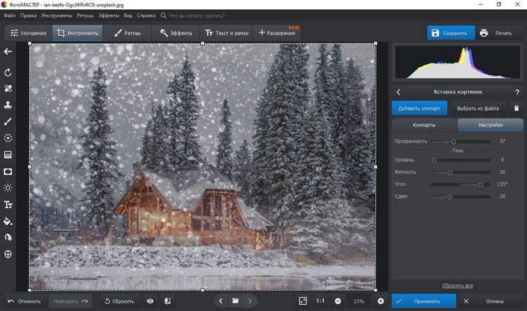 ФотоМАСТЕР с наложенной поверх зимнего пейзажа текстурой снегопада