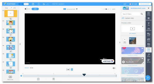 Интерфейс Powtoon Studio со слайдами, сценой, библиотекой и временной шкалой