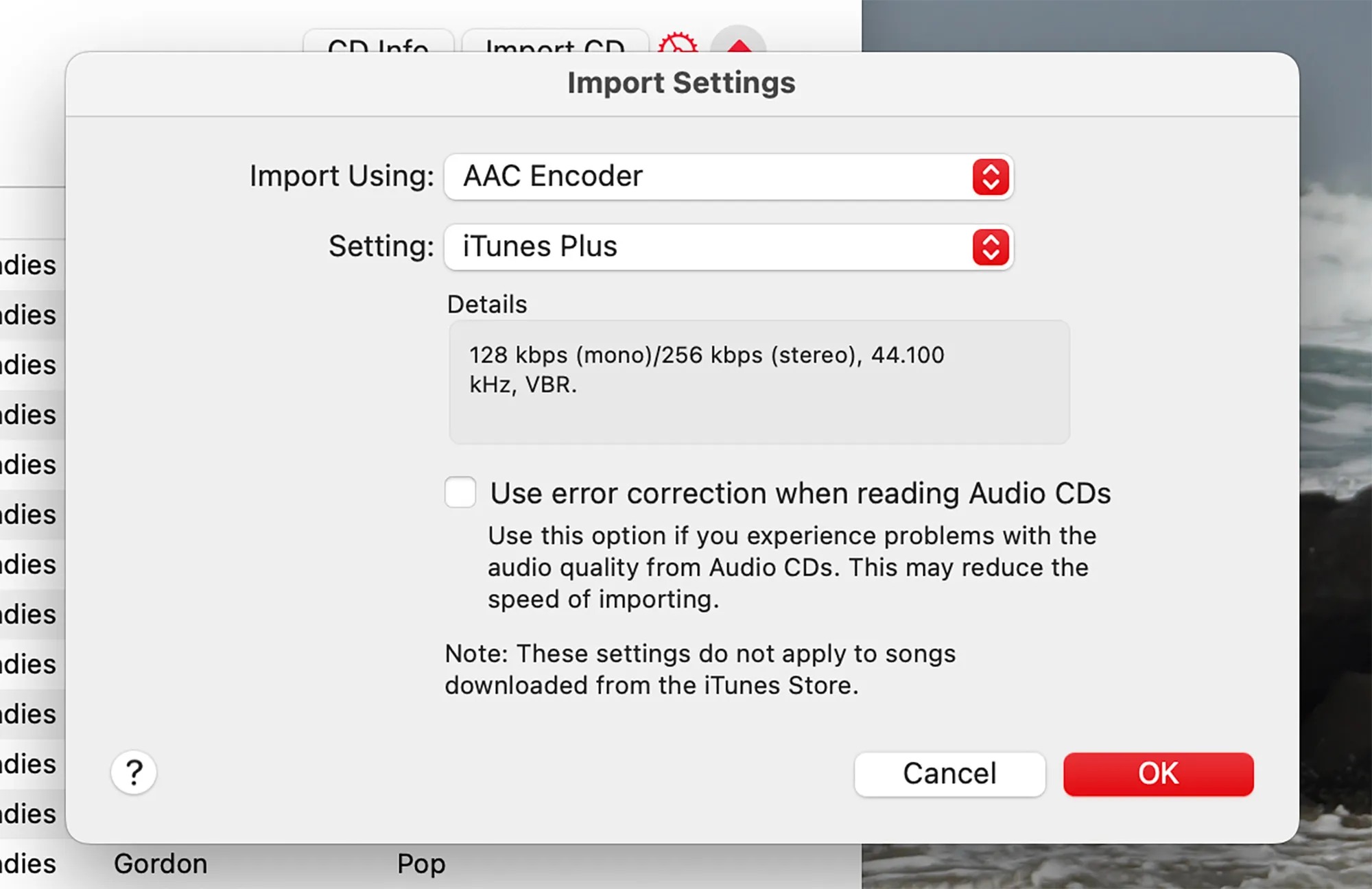 Окно Import Settings приложения Music с выбором AAC Encoder