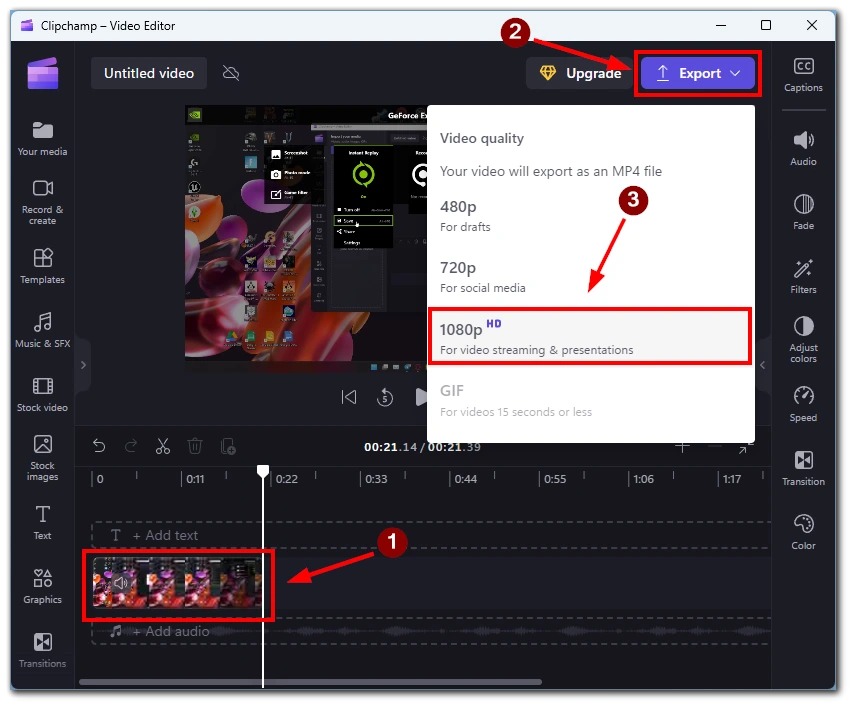 Окно экспорта видео в Microsoft Clipchamp