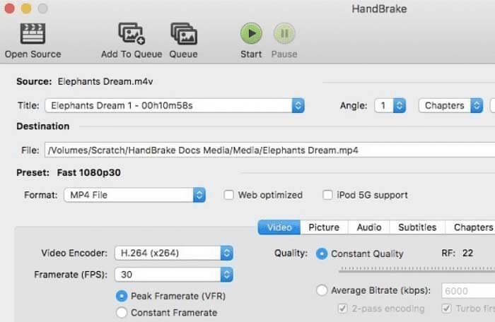Интерфейс HandBrake с форматом MP4, вкладкой Video, кодером H.264 и ползунком Constant Quality