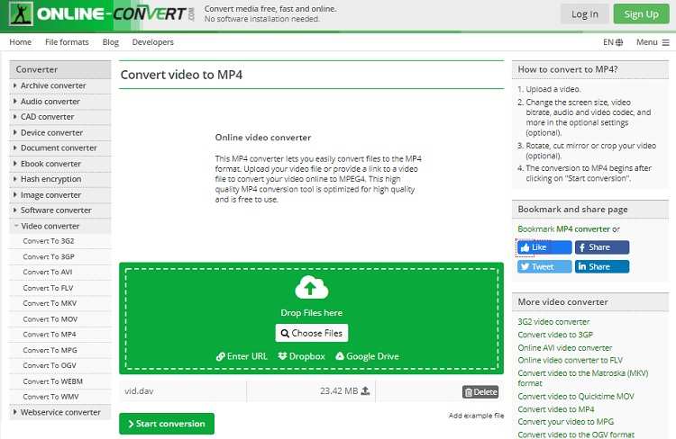 Интерфейс Online-Convert.com для загрузки и настройки конвертации видео