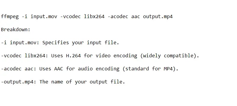 Пример команды FFmpeg для преобразования MOV в MP4