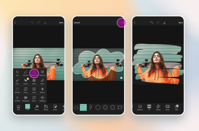 Мобильный интерфейс Picsart с открытым инструментом Shape Crop