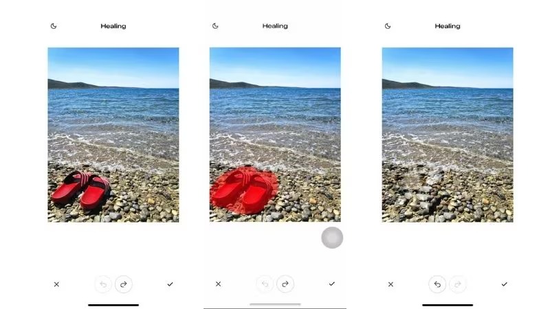 Мобильный интерфейс Snapseed с инструментом Healing и выделенной областью удаления