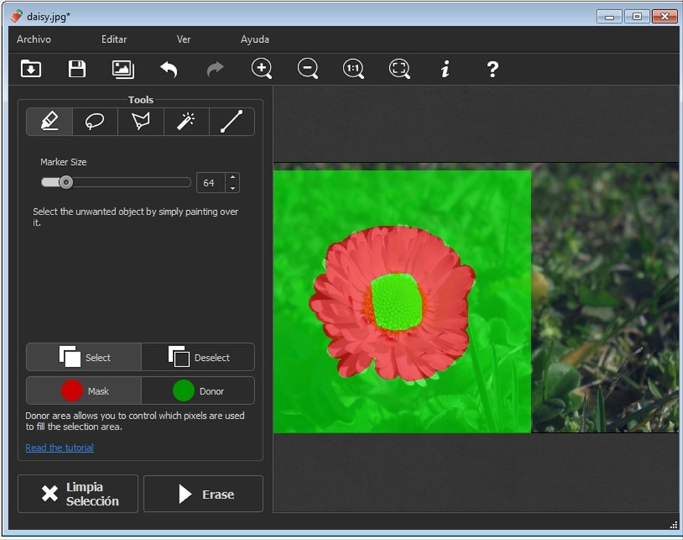Интерфейс Inpaint с красной маской удаления и зелёной донорной областью