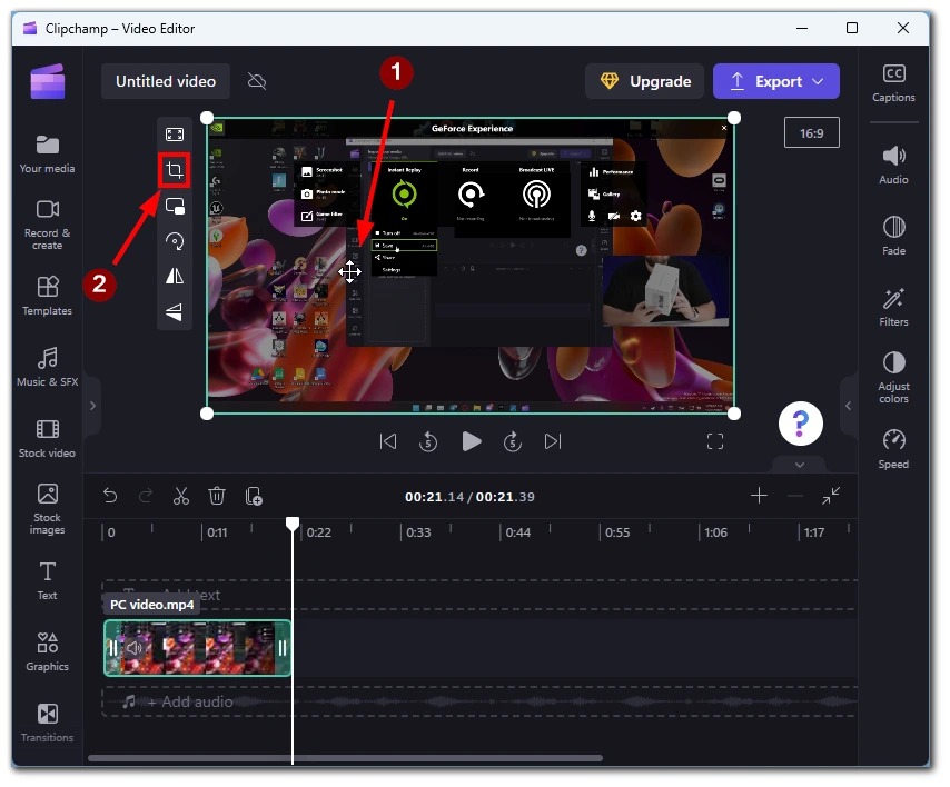 Инструмент Crop в интерфейсе Microsoft Clipchamp