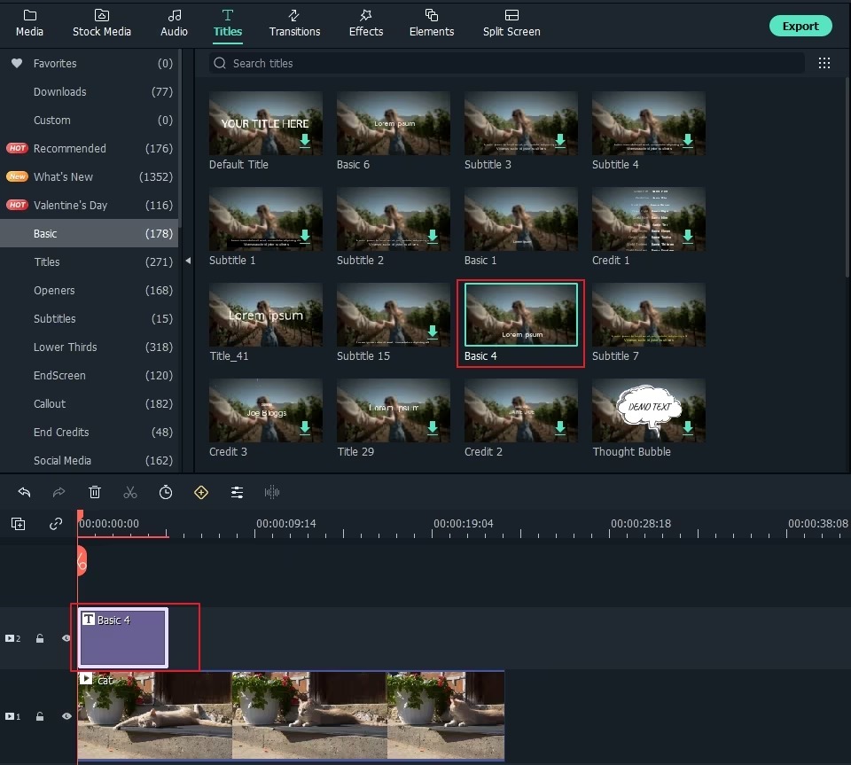 Раздел Titles в Filmora и текстовый клип над видео