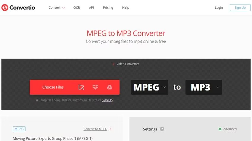 Интерфейс Convertio для преобразования MPEG в MP3