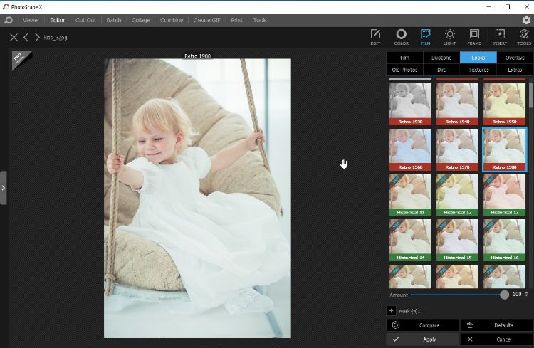 Интерфейс PhotoScape X с детской фотографией и панелью эффектов