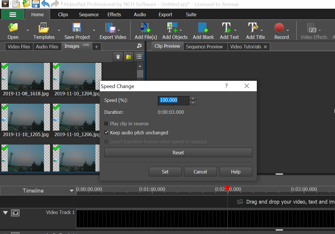 Интерфейс VideoPad Video Editor с медиатекой, предпросмотром и монтажной шкалой