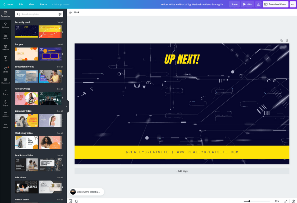 Редактор Canva с шаблоном YouTube outro