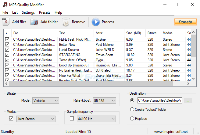 MP3 Quality Modifier со списком треков, режимом Variable и настройкой выходной папки