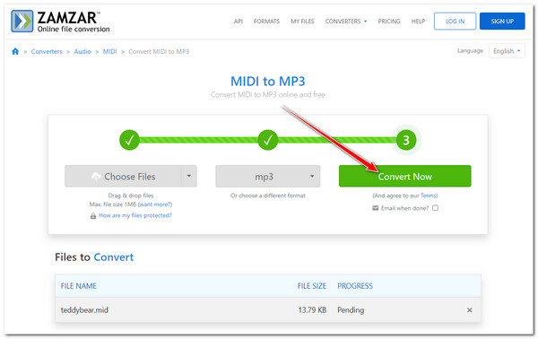 Zamzar с выбранным форматом MP3 и кнопкой Convert Now