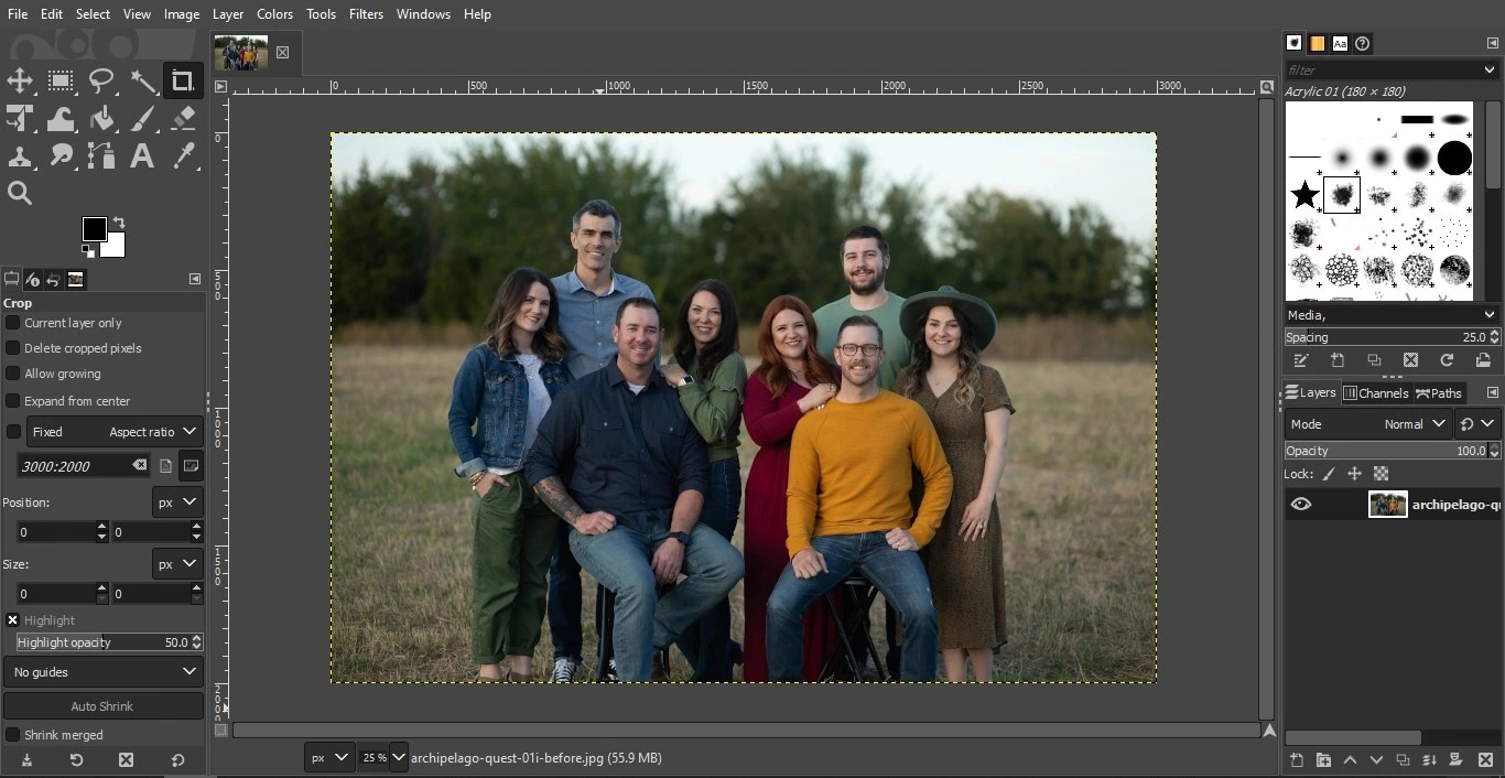 Интерфейс GIMP на macOS с открытой фотографией, панелью инструментов и слоями