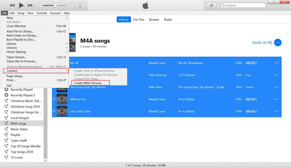 Меню iTunes File Convert с командой Create WAV Version
