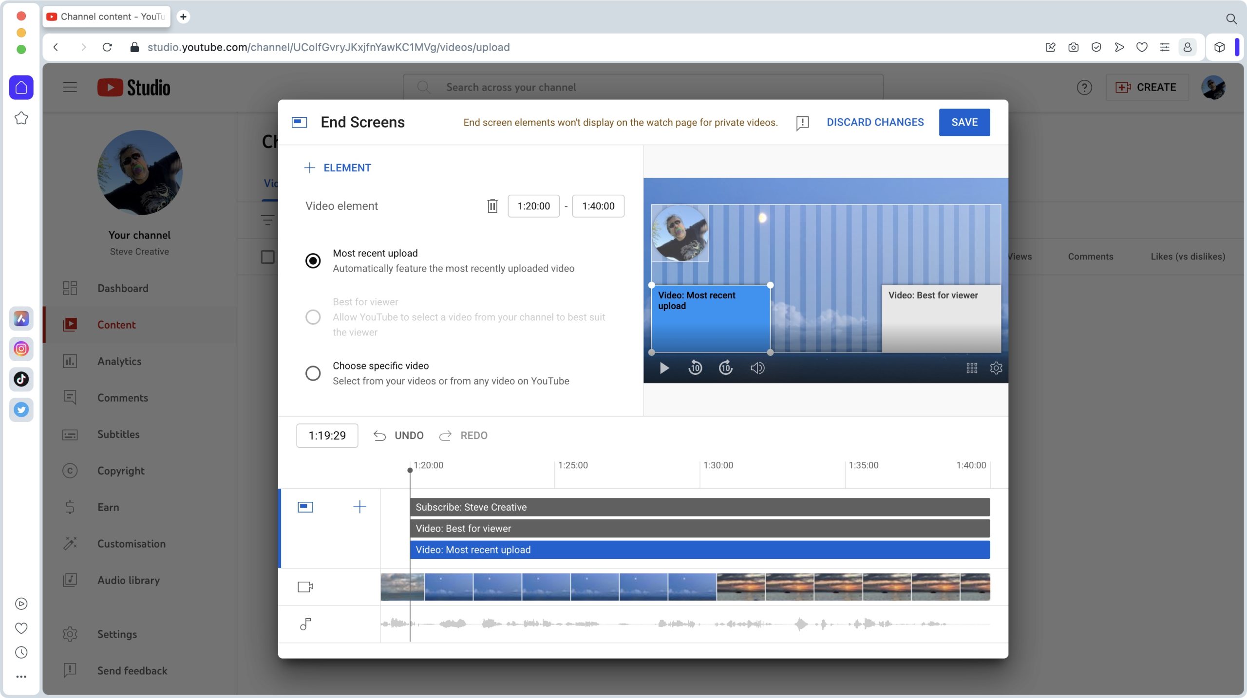 Редактор конечной заставки YouTube Studio с видеоэлементами и временной шкалой