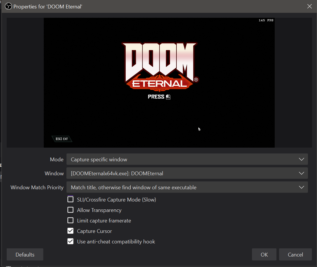 Свойства Game Capture в OBS Studio с режимом Capture specific window