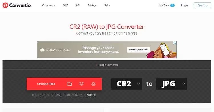Интерфейс Convertio при преобразовании CR2 в JPG