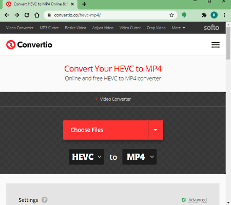 Веб-интерфейс Convertio для преобразования HEVC в MP4