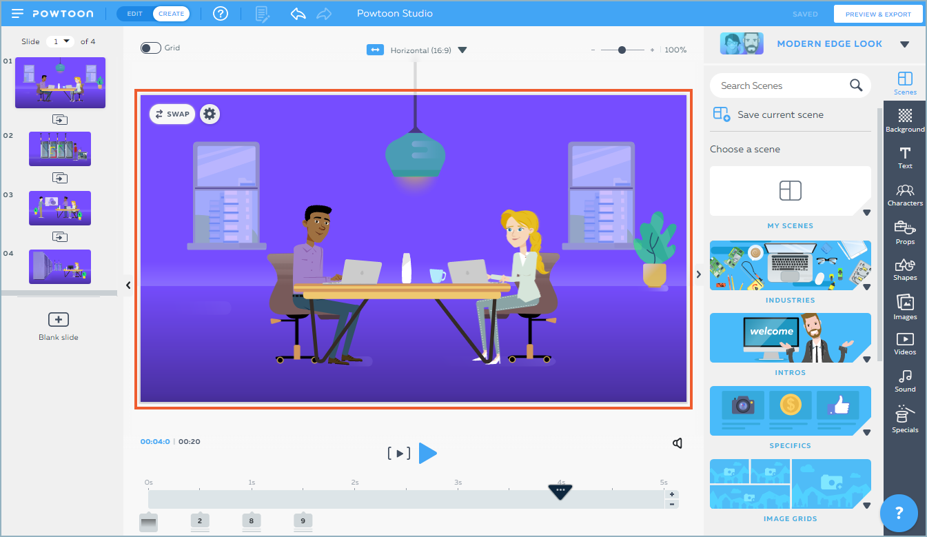Интерфейс Powtoon Studio с анимированной сценой, панелями и временной шкалой