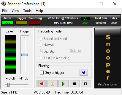Интерфейс Snooper Professional с индикаторами уровня, Trigger, режимами записи и AGC